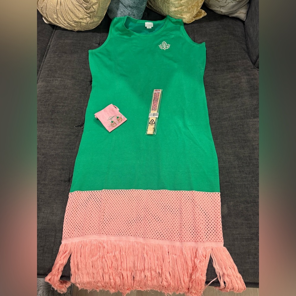 AKA Green and Pink Sleeveless Dress with Fringe